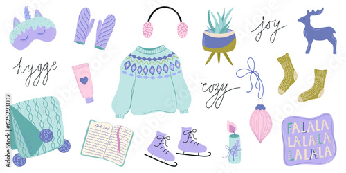Set of hygge elements. Autumn and Winter comfortable lifestyle objects. Cozy home, Winter activities. Hand drawn flat style vector illustration.
