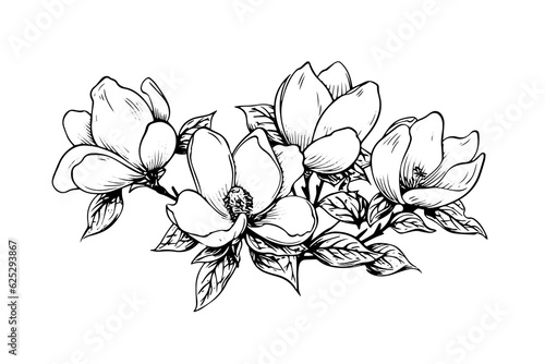 Hand drawn magnolia flower ink sketch. Engraving style vector illustration.