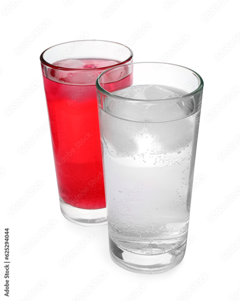 Glasses of different refreshing soda water with ice cubes on white background Glasses of different refreshing soda water with ice cubes on white background