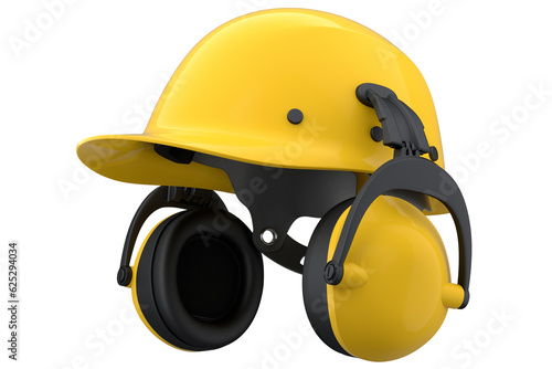 Yellow safety helmet or hard cap and earphones muffs on wihte background