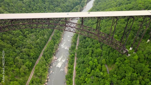 bridge over a gorge and river in New River Gorge National Park and Preserve in West Virginia. Taken from a bird's eye view photo