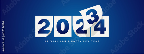 Happy New Year 2024 greeting card design template on blue background. New Year 2024 start concept. Calendar pages turn in the wind and the new year begins