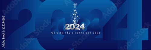 We wish you a Happy New Year 2024 sparkler firework shining silver blue background greeting card