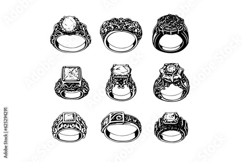 Vector hand drawn illustration set of different jewelry rings in vintage engraved style.