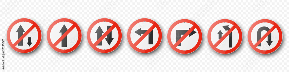 Vector Red and White Round Prohibition Traffic Sign with Arrow Icon Set Isolated. One Way, No Straight Ahead, Vehicles, Turn, Overtaking, U-Turn Traffic Road Plate, Sign Design Templates Vector Red and White Round Prohibition Traffic Sign with Arrow Icon Set Isolated. One Way, No Straight Ahead, Vehicles, Turn, Overtaking, U-Turn Traffic Road Plate, Sign Design Templates