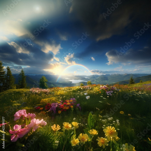 wild field rainbow on sunset sky across a stunning vista lake landscape,mountains wildflowers sun flares beautiful nature landscape 