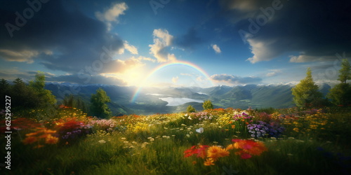  beautiful rainbow on sunset sky across a stunning vista landscape mountains wild flowers sun flares 