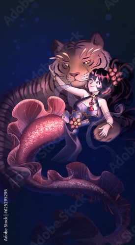 Tarot card design. Mermaid theme anime girl with tiger. Strenth symbol. Hand drawn illustration photo
