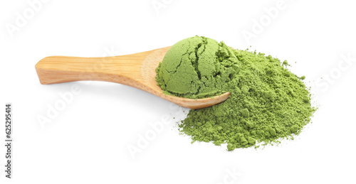 Wooden spoon with green matcha powder isolated on white