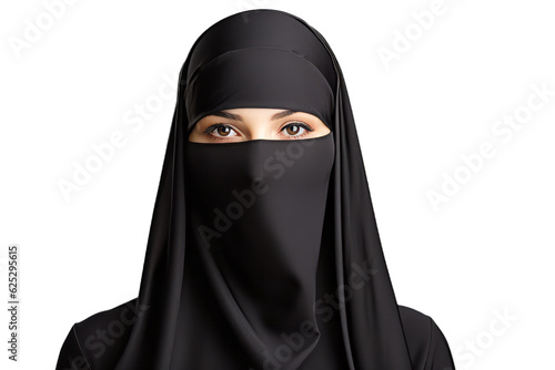 Portrait of a veiled islamic woman wearing black niqab isolated on transparent background (PNG)