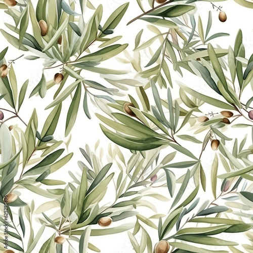Olives seamless pattern color sketch style hand drawn background, olive branches with leaves on white background. Italian food. ai