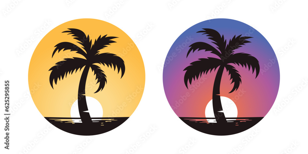 Vector Palm Trees, Palm Tree Icon Set Isolated. Palm Silhouettes on Sunset Background. Design Template for Tropical, Vacation, Beach, Summer Concept. Vector Illustration. Front View