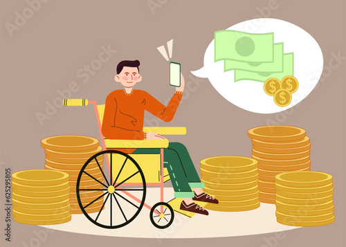 Cheerful man on wheelchair holding phone with notification about money. Disabled man working remote and earning money. Vector Illustration in cartoon style