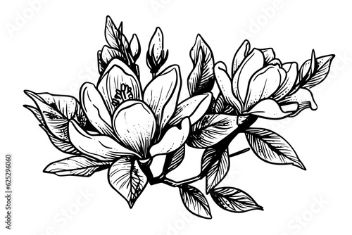 Hand drawn magnolia flower ink sketch. Engraving style vector illustration. photo