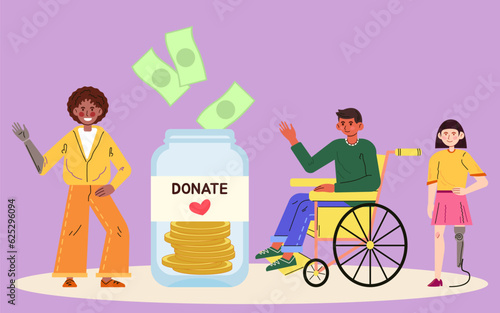 Donate. Supporting disabled persons in wheelchair concept. Social charitable help, aid for people with disability. Flat vector illustration in cartoon style