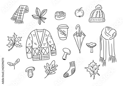 Set of outline doodle autumn clothes for going out and leaves. Black vector isolated hand drawn elements on white background. scarf, cardigan, umbrella, sock. Perfect for coloring pages, stickers