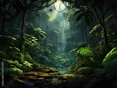 Picture a digital painting, featuring detailed jungle leaves as gaming assets. The leaves are intricately designed, their vibrant green hues and textures captured in high - resolution 16k. The style s © Dushan