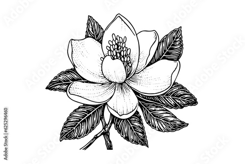 Hand drawn magnolia flower ink sketch. Engraving style vector illustration.