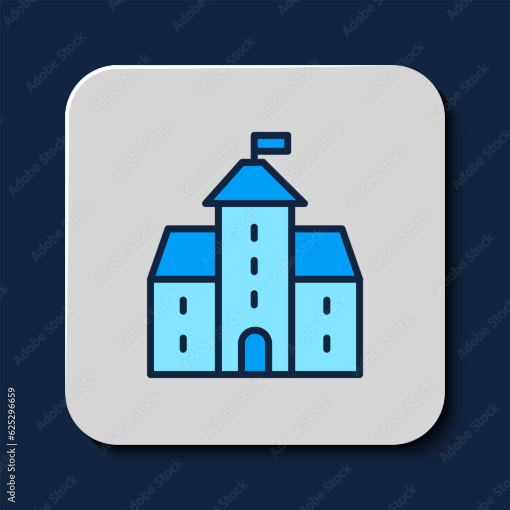 Filled outline Castle icon isolated on blue background. Medieval fortress with a tower. Protection from enemies. Reliability and defense of the city. Vector Filled outline Castle icon isolated on blue background. Medieval fortress with a tower. Protection from enemies. Reliability and defense of the city. Vector