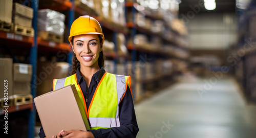 Female worker in a warehouse, Young woman in high visibility vest, carton box in her hands, blurred shelves stacks background. Generative AI © Lubo Ivanko