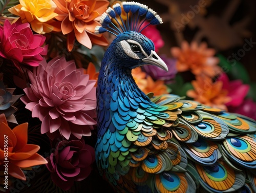 Peacock sculptures printed with colorful paper, in the style of dima dmitriev, spectacular backdrops, 8k 3d, indian pop culture, made of cardboard, © Dushan