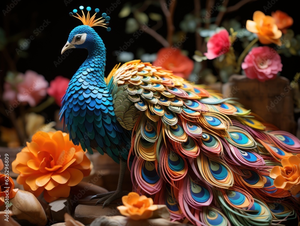 Obraz premium Peacock sculptures printed with colorful paper, in the style of dima dmitriev, spectacular backdrops, 8k 3d, indian pop culture, made of cardboard,