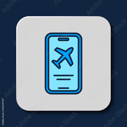 Filled outline Smartphone with electronic boarding pass airline ticket icon isolated on blue background. Passenger plane mobile ticket for web and app. Vector