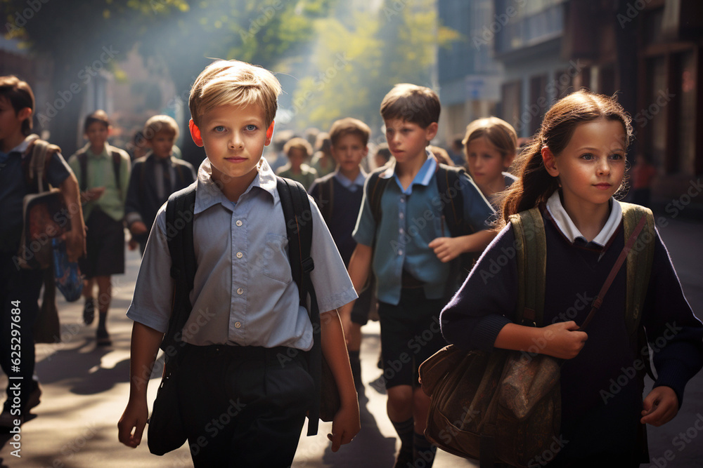 grupo de niños de pie con mochila llegando al colegio después de vacaciones. - obrazy, fototapety, plakaty 