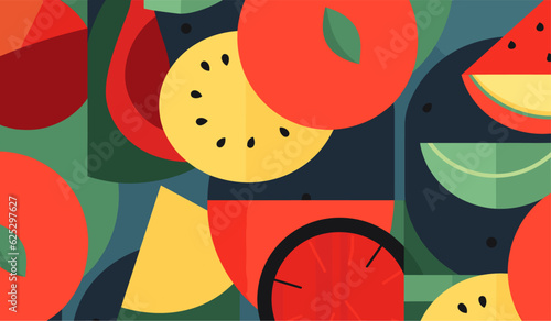 Nourishing Nature's Bounty: Geometric Organic Fruit & Vegetable Pattern in Swiss Bauhaus Style. Fresh Agriculture Vector Background