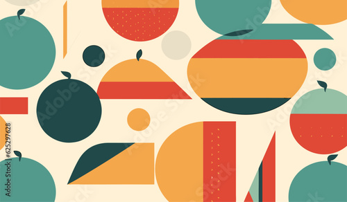 Farm Fresh Wonders: Natural Food Geometric Pattern. Organic Fruits & Veggies in Swiss Bauhaus Style. Seamless Agriculture Vector Design