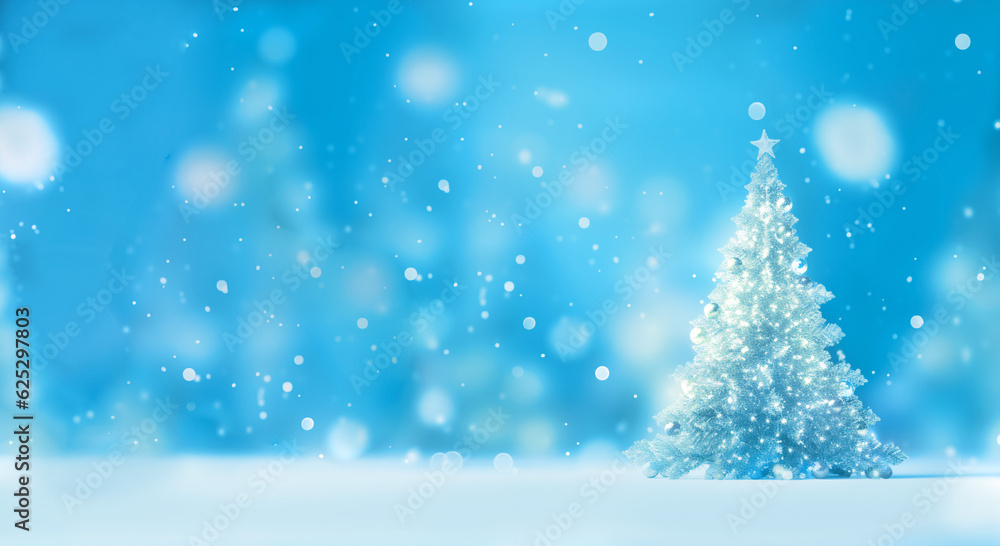 Christmas tree greeting card on snowy blue background. Invitation for Christmas and New Year. Generative Ai content
