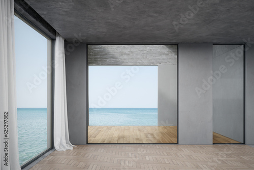 Empty concrete room with wood floor. 3d rendering of abstract interior space with sea background.