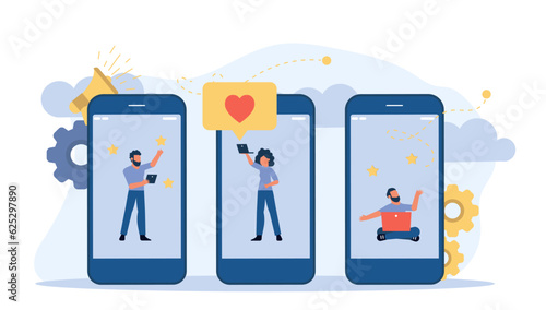 Employer business mobile screen illustration. Man and woman talk chat with laptop job concept vector. Flat businessperson office work background application online. Phone colleague banner