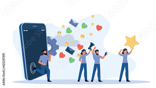 Refer friend vector illustration service loyalty referral man and woman. Marketing business design concept network recommend announcement advertising program banner. Digital tell job commerce earn.