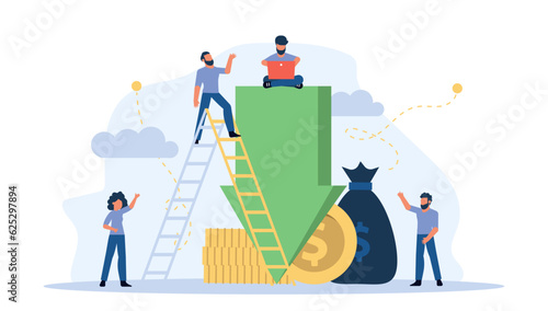 Down arrow decrease vector interest discount rate percent low. Man and woman with coins and money illustration concept graph chart crisis economic. Bad stock investment recession price. Fail budget