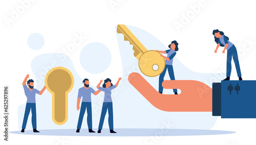 Key achievement business takeaway concept vector illustration success solution. Strategy creative hand leadership plan with keyhole. Lock process target banner motivation. Unlock kpi security system
