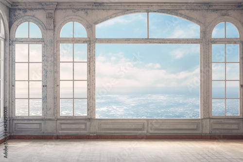 Window overlooking ocean or sea panoramic view  in the style of soft  romantic landscapes  nostalgic mood  muted blue and white colors. Renaissance style. Generative AI