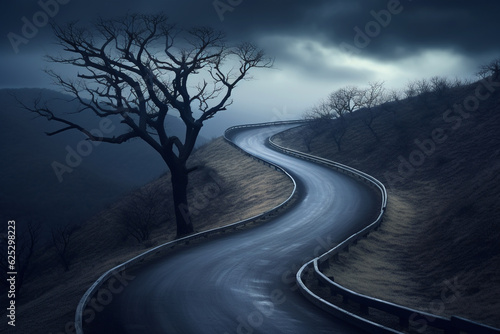 Path of life and decisions concept. Melancholic winding road with few trees in background. Toned with blue color illustration with copy space. Generative AI