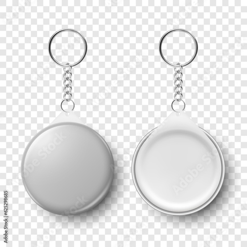Vector 3d Realistic Blank Gray Round Keychain with Ring and Chain for Key Isolated. Button Badge with Ring. Plastic, Metal ID Badge with Chains Key Holder, Design Template, Mockup