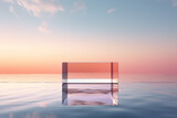 Transparent glass podium on crystal water surface in purple and yellow sunset with clouds sky background. Show case for cosmetic products, new product, promotion sale and presentation. Generative AI