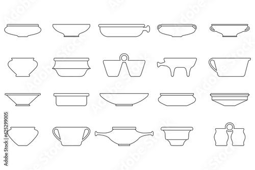 Ceramic plate. Icon side view. Vector illustration dish. Different shapes kitchen bowl. Pottery concept. Traditional crockery for food. Ceramic product. Earthenware product