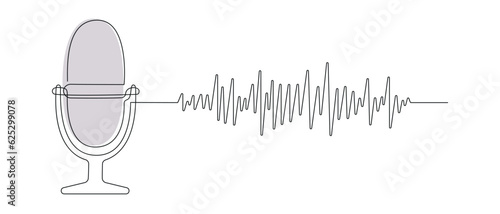 Podcast microphone with audio track drawn in one continuous line in color. One line drawing, minimalism. Vector illustration.