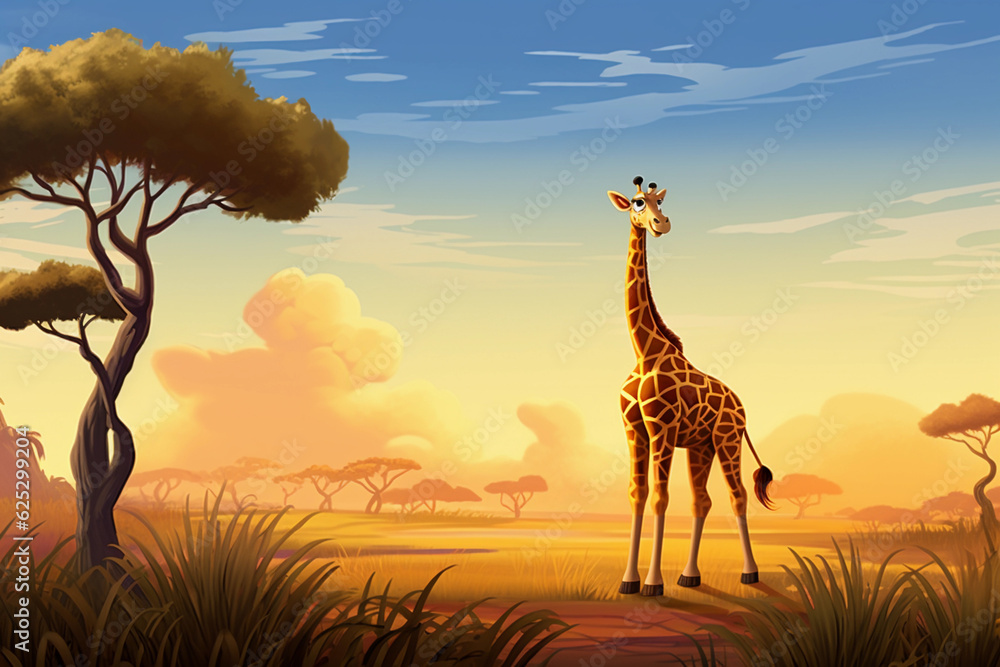 giraffe oil painting illustration, cute funny cub animal
