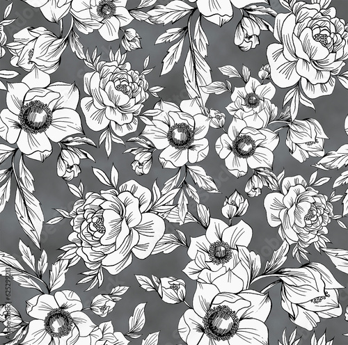 Watercolor flowers pattern, black and white tropical elements, leaves, gray background, seamless