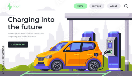 Landing page with car charging. Website with ECO electric automobile and vehicles recharged by EVSE. Power station with transport. Sustainable lifestyle and ecology. Cartoon flat vector illustration