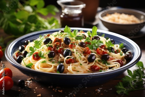 Italian lunch. Spaghetti alla puttanesca - italian pasta dish with tomatoes  olives  capers and parsley on white wooden table  high key  sunny light throwing the window in the modern kitchen all focus
