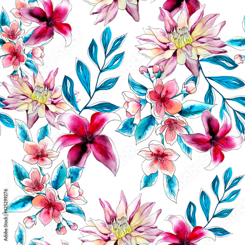 Watercolor flowers pattern  pink tropical elements  blue leaves  white background  seamless