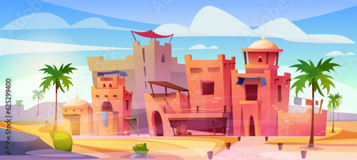 Ancient arab city poster. Panorama with urban oriental landscape, desert and palm trees. Traditional Islamic culture and desert area, antique castles and architecture. Cartoon flat vector illustration