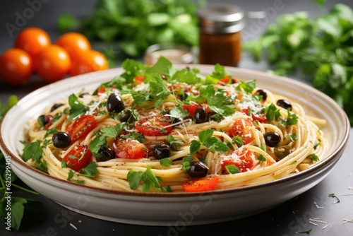 Italian lunch. Spaghetti alla puttanesca - italian pasta dish with tomatoes, olives, capers and parsley on white wooden table, high key, sunny light throwing the window in the modern kitchen,all focus