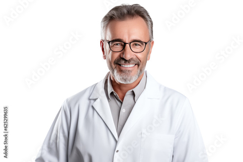 Fototapete Friendly Adult Doctor Man with Glasses in Doctor Uniform - Medium Shot on Transp